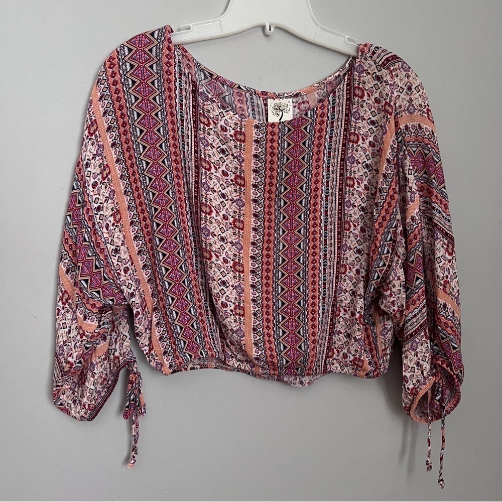 Self Esteem Multicolored 3/4 Open Sleeve w/Ties Crop Blouse Size Small EUC
